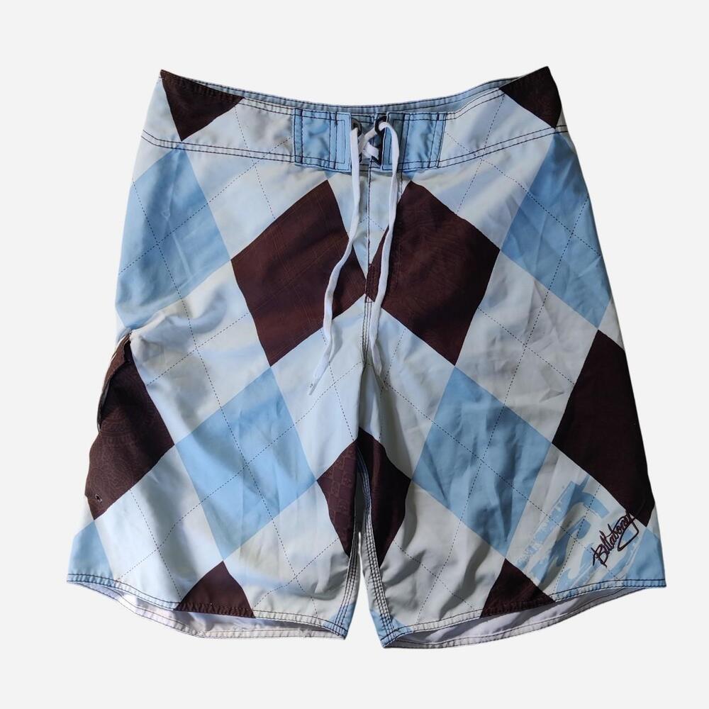 Y2K Billabong Andy Iron Blue and Brown Argyle Baggy Board Shorts